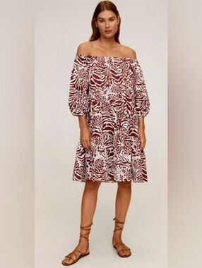 Mango Off-Shoulder Burgundy and White Printed Tiered Dress Sz. 4